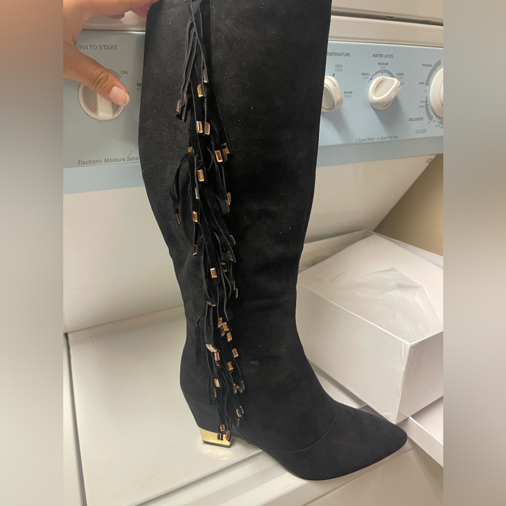 Midnight Velvet Knee High Fringe and Stones Boots